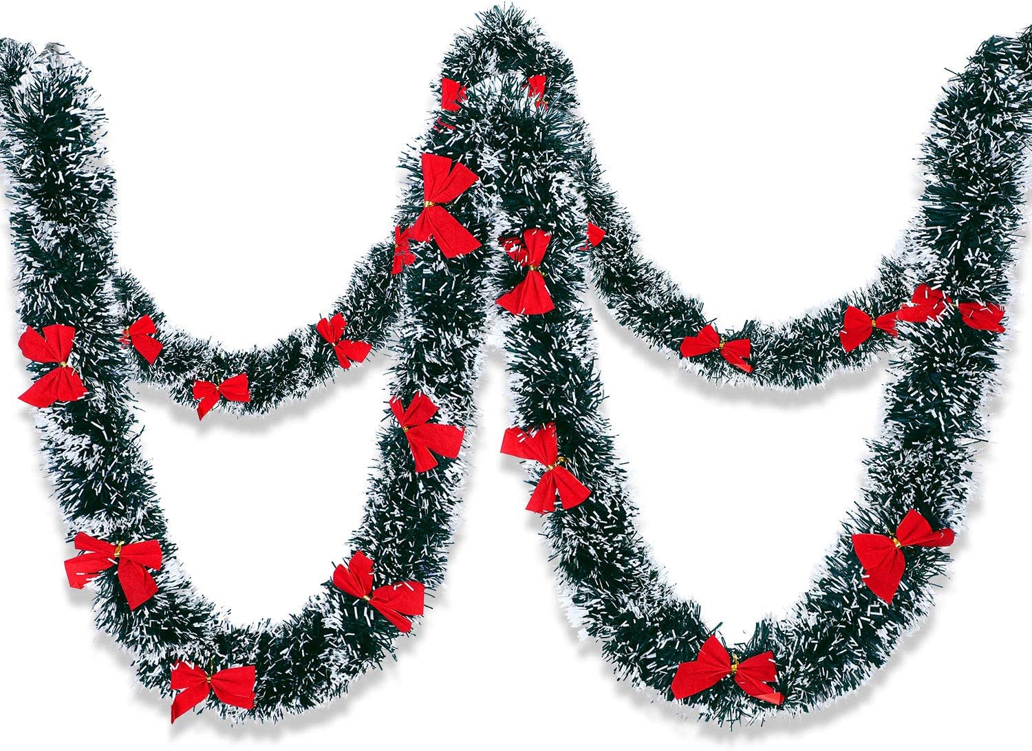 4PS Christmas Tinsel Garland with Red Bows for Christmas Tree Indoor Outdoor Decorations Supplies